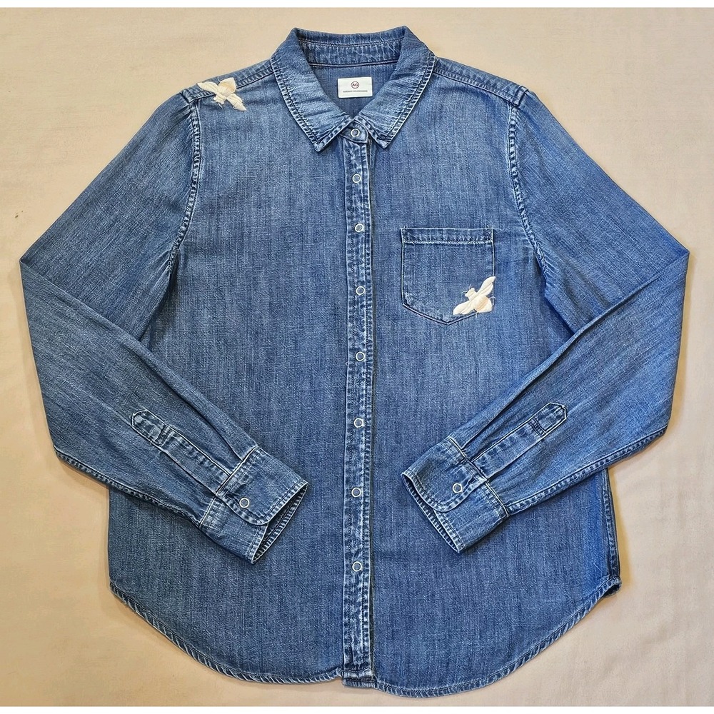 AG Adriano Goldschmied Joanna Embroidered Bee Chambray Long Sleeve Denim Shirt S